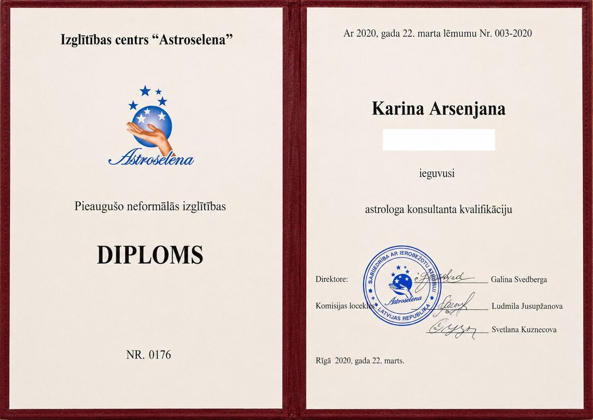 Karina Arsenjana astrologa konsultanta diploms Astroselena