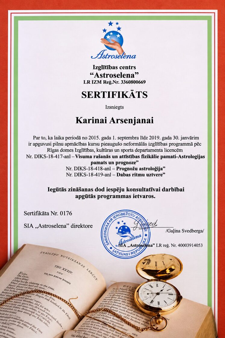Karina Arsenjana astrologa-konsultanta sertifikāts — Astroselena